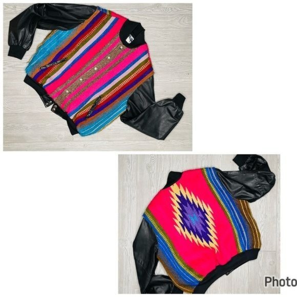 vintage Roper rodeo blue blanket /woven tapestry jacket coat leather like sleeve - Picture 1 of 10